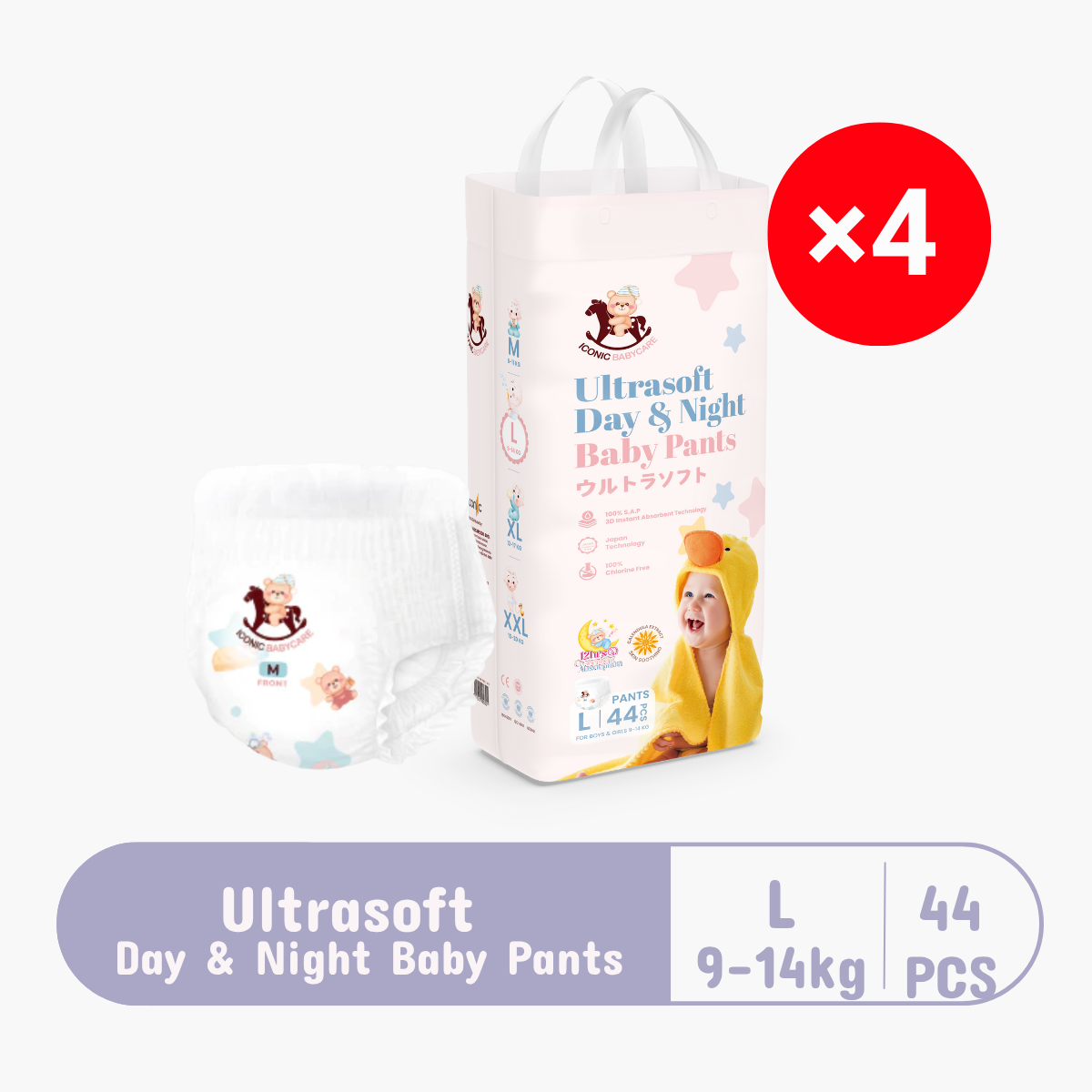 [Carton] ICONIC Babycare Ultrasoft Day & Night Baby Diapers - Pants × 4 (M48s / L44s / XL38s / XXL32s)