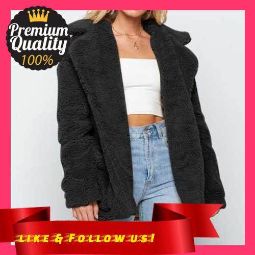 People's Choice Women Faux Fur Coat Jacket Warm Fleece Long Sleeves Notched Lapel Collar Solid Vintage Furry Casual Long Overcoat Outwear (Black)