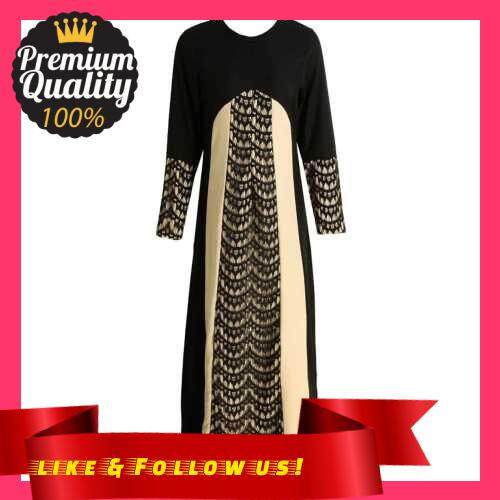 People's Choice New Fashion Women Muslim Maxi Dress Contrast Color Pitches Long Sleeve Abaya Kaftan Islamic Indonesia Robe Long Dress (Black)