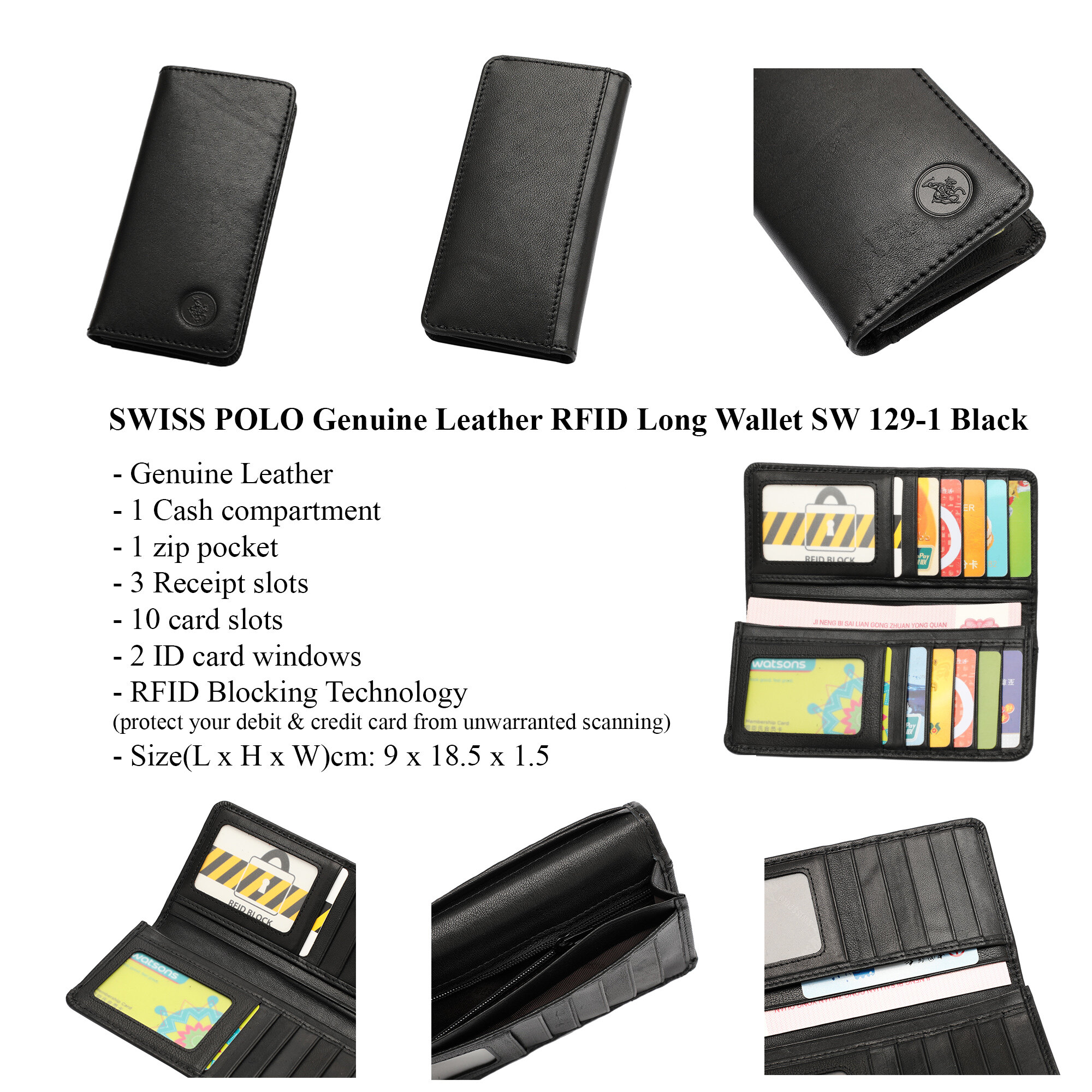 SWISS POLO Genuine Leather RFID Long Wallet SW 129-1 BLACK