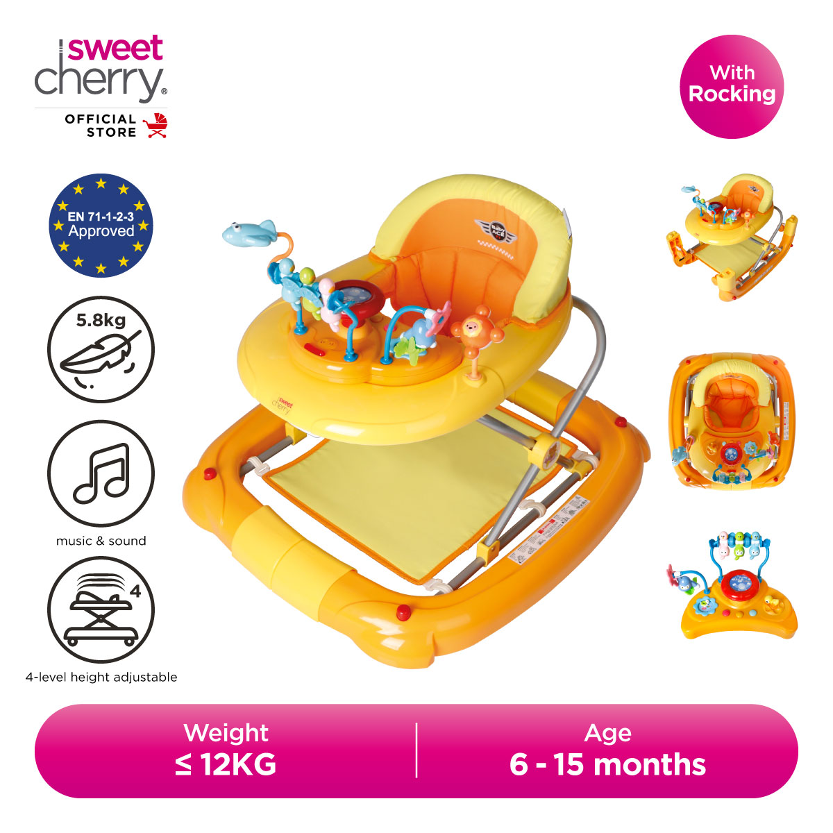 Sweet Cherry 2-in-1 Multifunctional Baby Learning Walker with Rocking System Adjustable Height with Activity Toy Tray and Music T1084H 2-in-1 Fantasy Walker