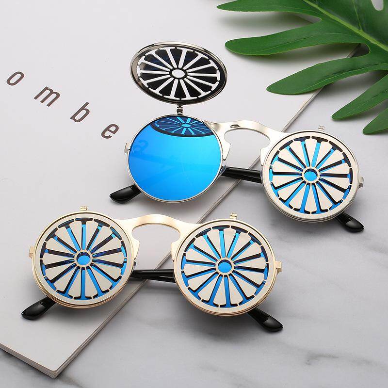 Kính râm phong cách steampunk tròn kim loại retro cho nam nữ kính râm phong cách steampunk kính thời trang nam gọng thiết kế lật cối xay gió kính mắt cá tính uv400