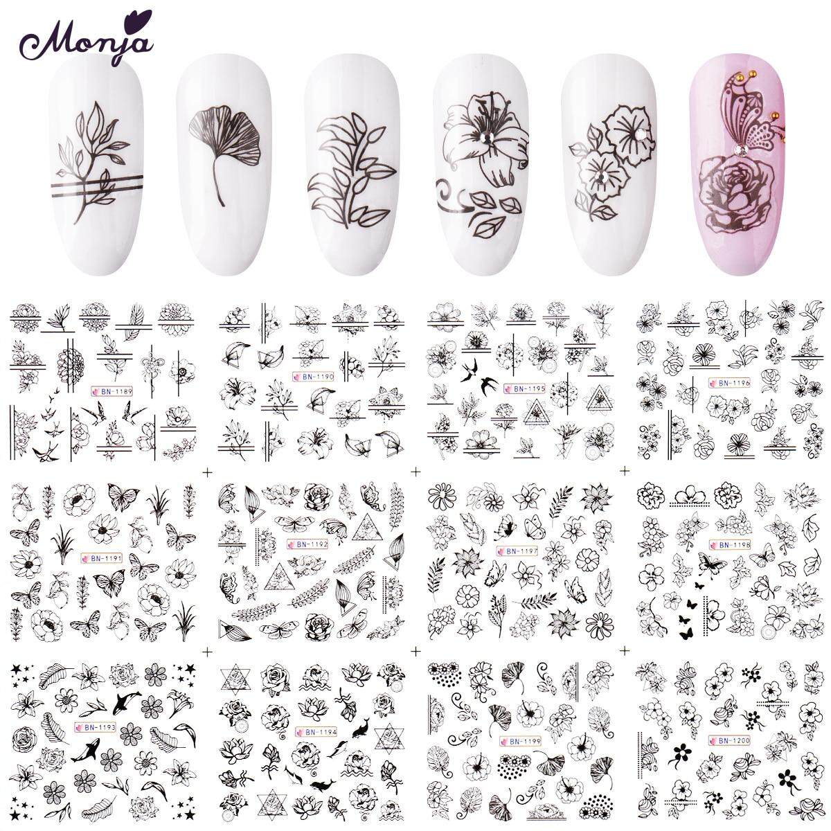 Hình ảnh 12 Cái/Bộ Nail Art Flower Bướm Loạt Đen Chuyển Nước Stickers 3D DIY Watermark Nail Decals Làm Móng Tay Trang Trí