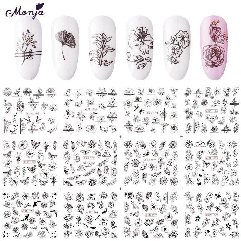 12 Cái/Bộ Nail Art Flower Bướm Loạt Đen Chuyển Nước Stickers 3D DIY Watermark Nail Decals Làm Móng Tay Trang Trí cao cấp