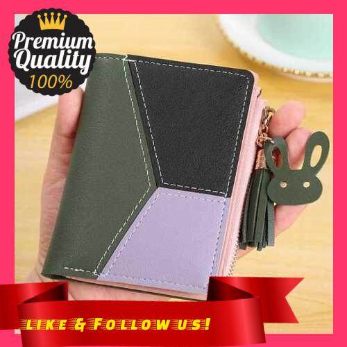 People's Choice Women Short Wallet PU Leather Splicing Zipper Tassel Card Holder Coin Purse Trendy Fashion Wallet (Green)