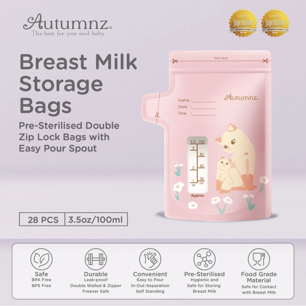 Autumnz Double Zip Lock Breastmilk Storage Bag (28 bags)- 3.5oz/ 5oz/ 7oz/ 8oz/ 12oz