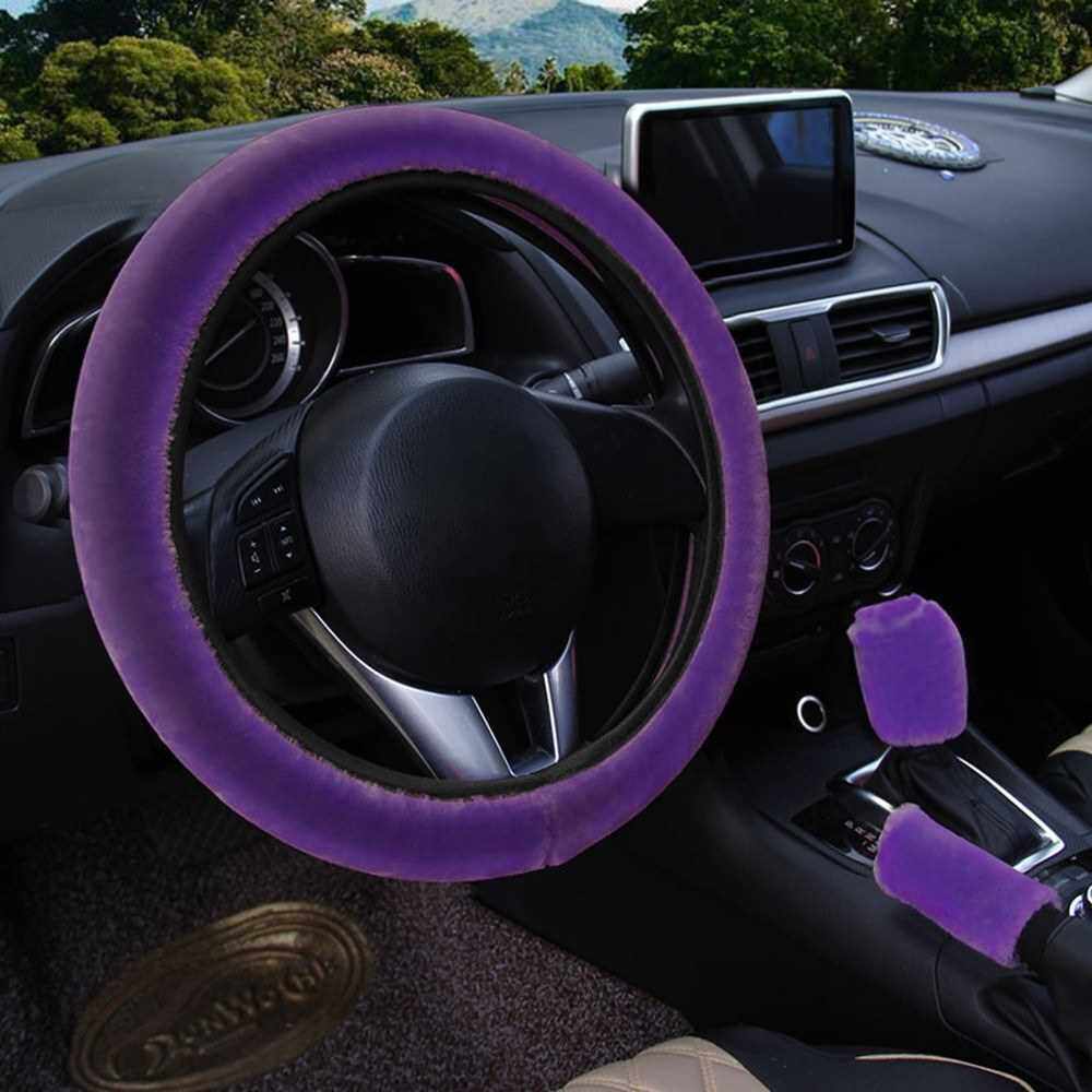 Fluffy Steering Wheel Cover Set, 3 pcs Winter Warm Steering Wheel Cover Handbrake Cover Gear Shift Cover, Universal Plush Non-Slip Interior Accessories,Purple (Purple)