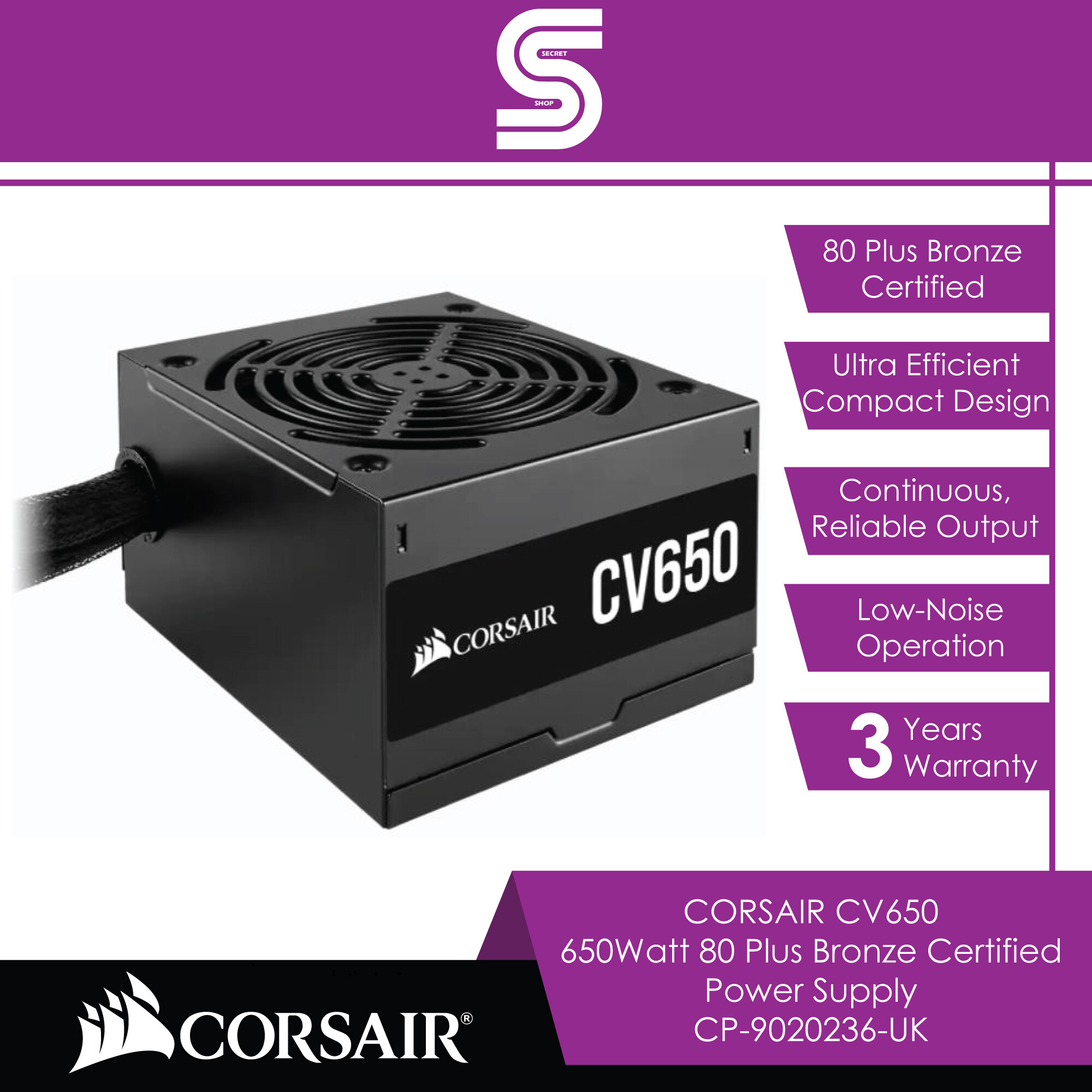 CORSAIR CV650 650Watt 80 Plus Bronze Certified Power Supply - CP-9020236-UK