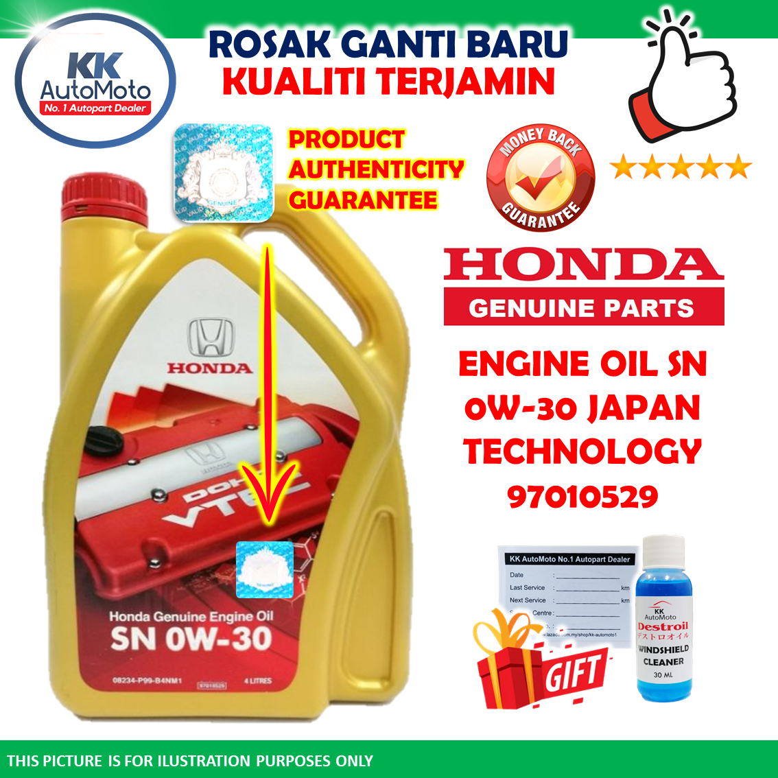 Jamin HONDA Genuine Engine Oil SN 0W-30 0W30 4L Minyak Hitam - Japan Technology 97010529 Gold/Red