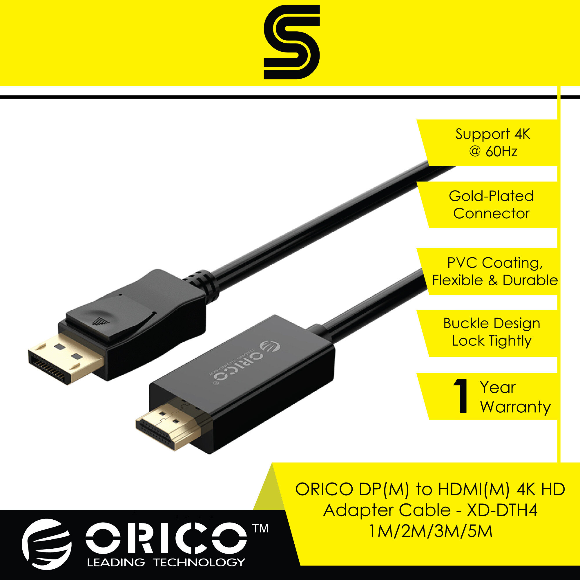 ORICO DP(M) to HDMI(M) 4K HD Adapter Cable XD-DTH4 - 1M/2M/3M/5M