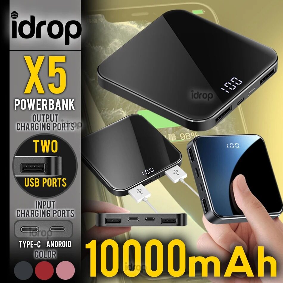 idrop 10000mAh X5 - Mini Portable Powerbank with 2 Output Charging Port &amp; 2 Input Charging Port [ Type C &amp; Android Micro USB ]