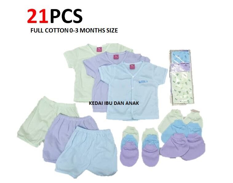 SET LUBANG 21 PCS Newborn Clothing Set Cotton With Mitten Booties and Tummy Binder