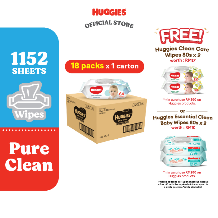 [Carton] Huggies Baby Wipes Pure Clean 64s x 18 pack wet tissue