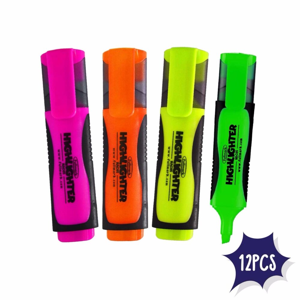 Fullmark Highlighter Pen Fluorescent Stationery , Chisel Tip , ( Pink ,Yellow , Green , Orange ) x 12 pcs