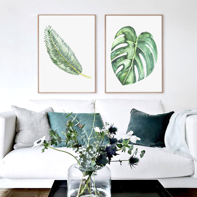 2 PCs 30X42CM Unframed Watercolor Tropical Plant Leaf Canvas Art Print Painting Poster, Wall Pictures for Home Decoration CM011-45