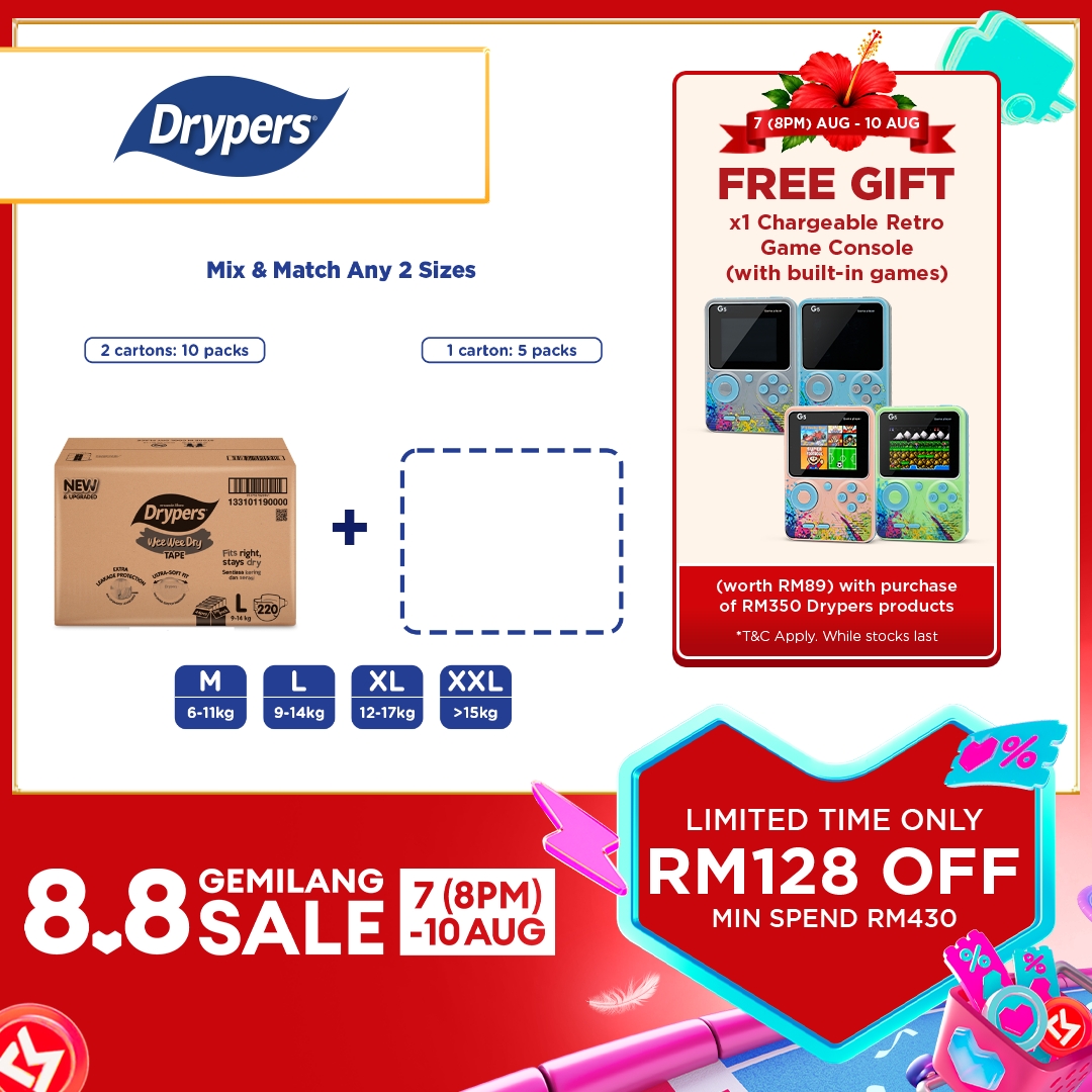 Drypers Wee Wee Dry Baby Diapers M52/ L44/ XL36/ XXL32s (15 Packs) - Super Dry Soft & Fit
