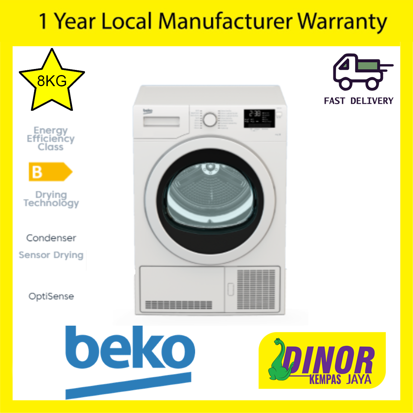 Beko Dryer 8.0Kg DCJ83133W Condenser Sensor Control  ( Pengering Baju ) Clothes Dryers