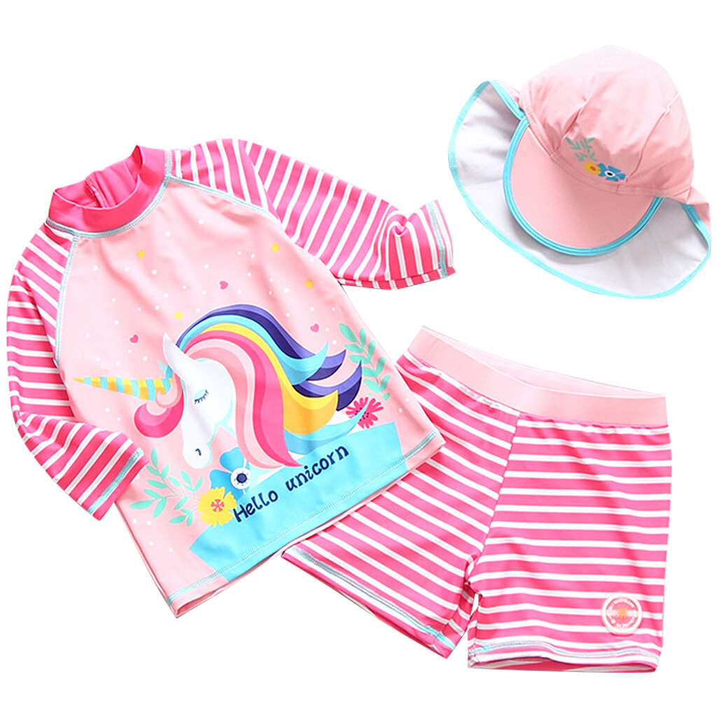 Đồ Bơi Bé Gái Có Mũ Bơi Ba Mảnh Bơi Cho Trẻ Em Set Đồ Bơi Trẻ Em Bộ Đồ Tắm Tay Áo Dài Sunsuit 3-7 Tuổi