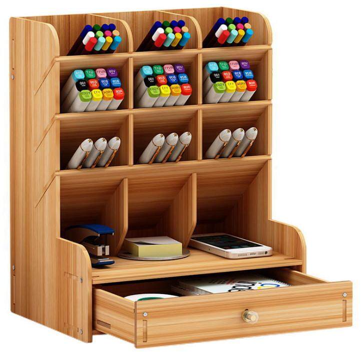 Diy Wooden Desk Organizer Office Storage Box Multi Function Pen