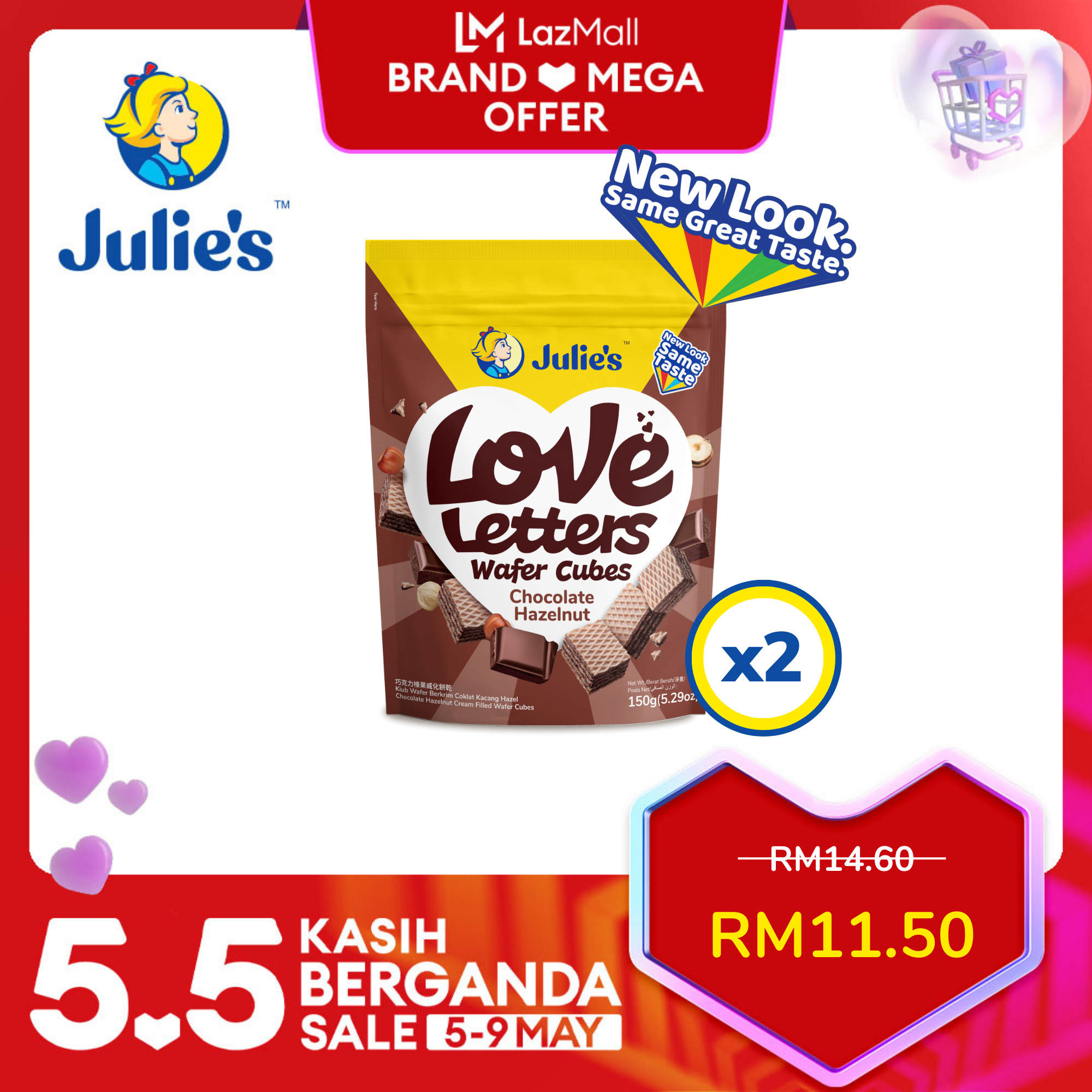 Julie's Love Letters Wafer Cubes Chocolate Hazelnut 150g x 2 packs