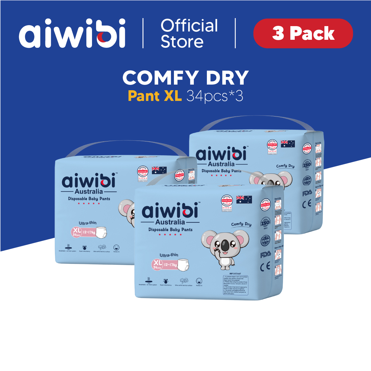 [Carton] Aiwibi Baby Diapers Comfy Dry (Pants x 3Pack)(Lampin Bayi Aiwibi 3 pek)