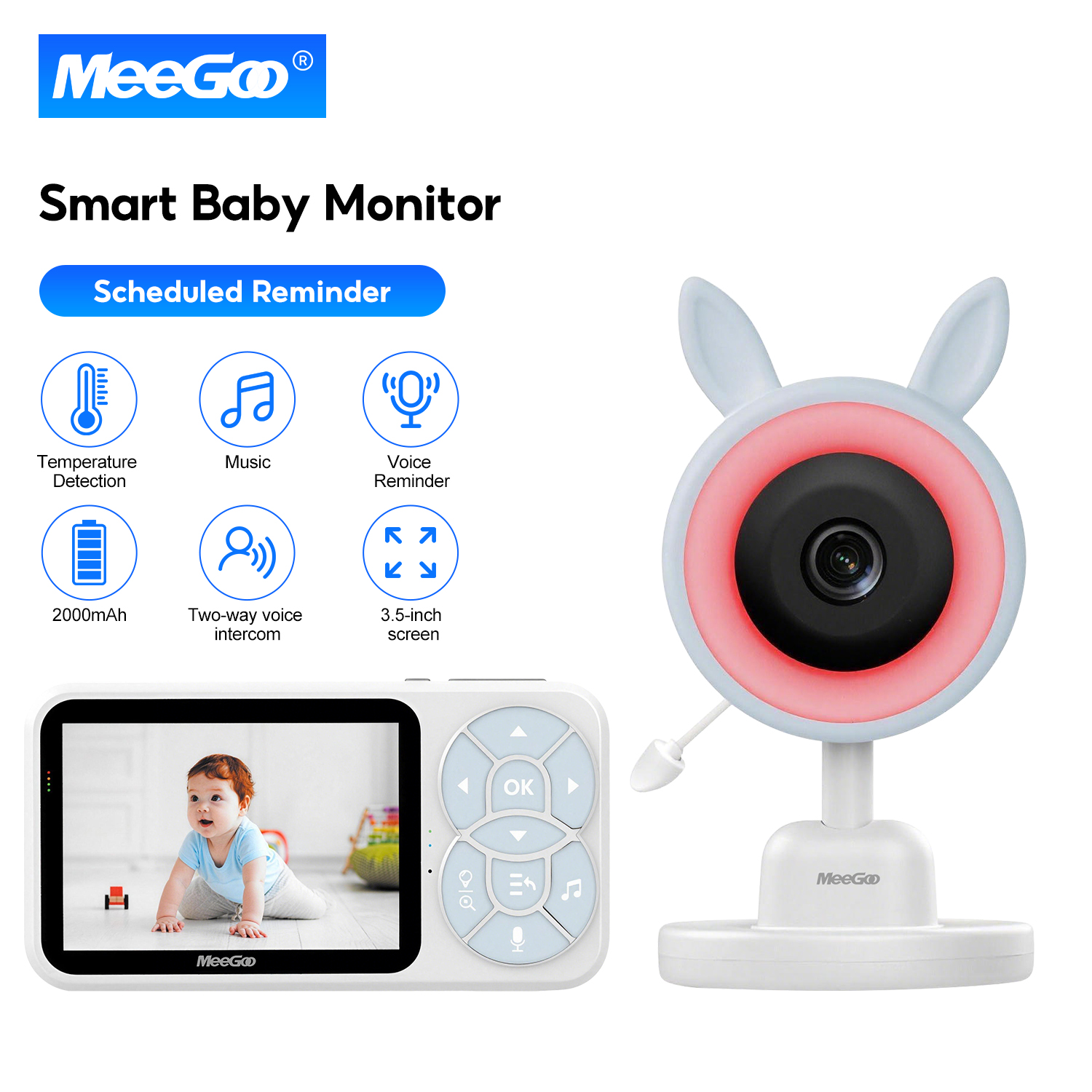 MeeGoo Smart Baby Monitor 3.5-inch Screen With Camera Two-way Voice Night Vision 2000mAh Battery Electronic Babysitter Wireless Baby Camera