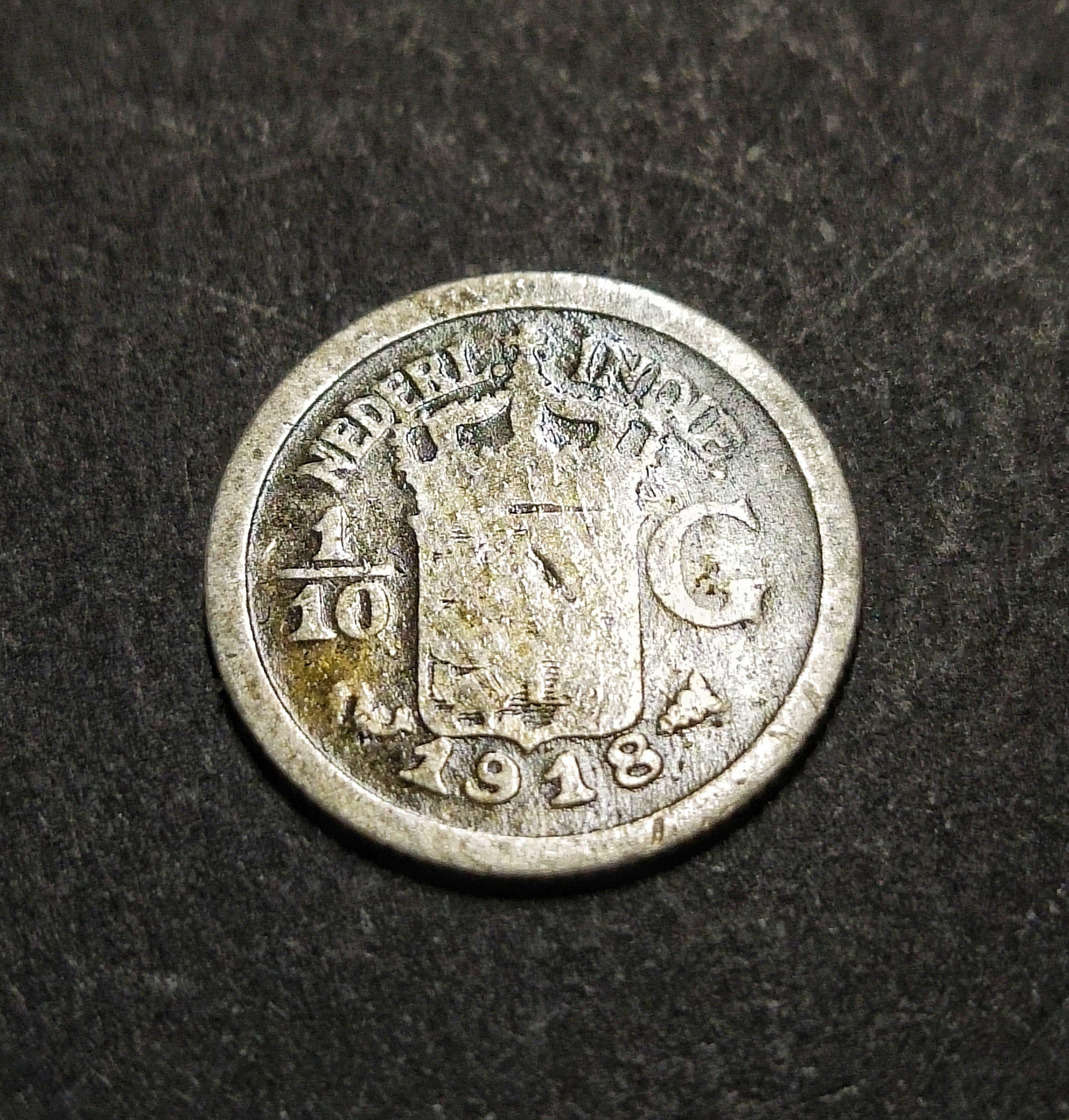 Netherlands East Indies Old Silver Coin 1/10 Gulden Year 1918