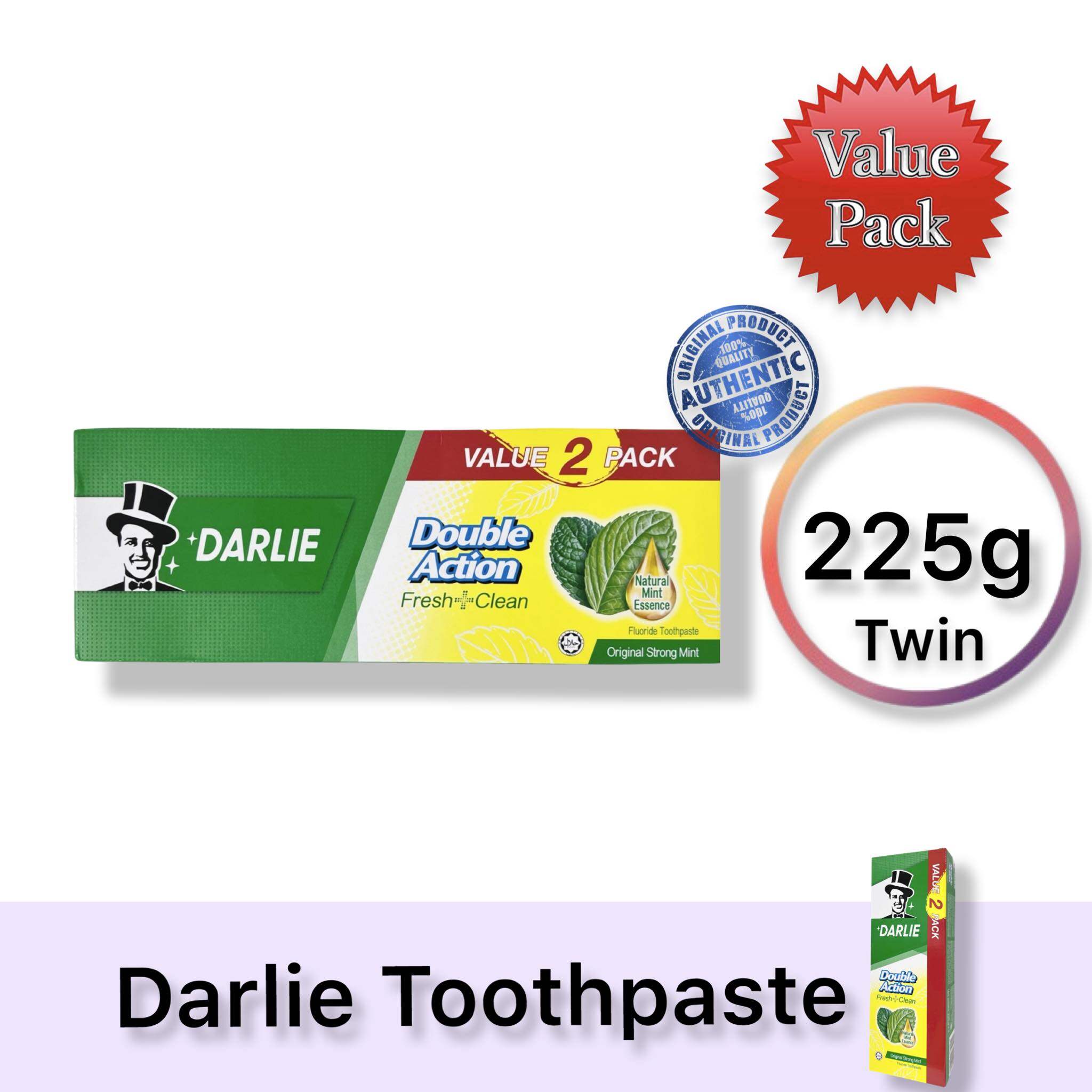 [Exp 11/2025] Darlie Double Action Fresh + Clean Toothpaste Original Strong Mint 225g x 2 (Value Pack)