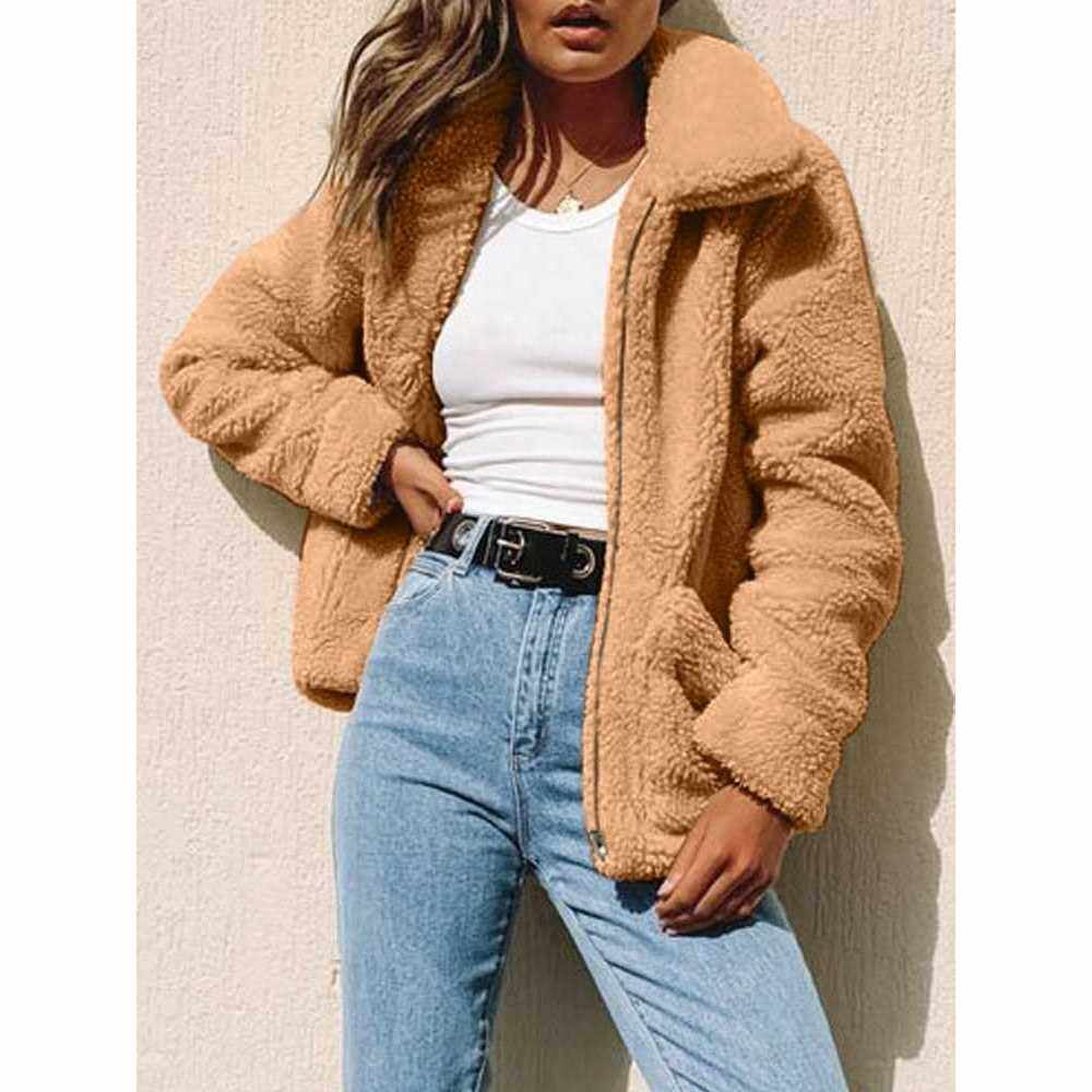 Women Jacket Fluffy Faux Fur Solid Color Turn Down Collar Long Sleeve Zipper Pockets Casual Street Wear (Khaki)