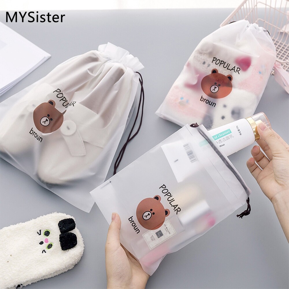 Sanhe 3pcs/Set Cute Cartoon Bear Storage Drawstring Bag Portable Travelling Cosmetic Pouch