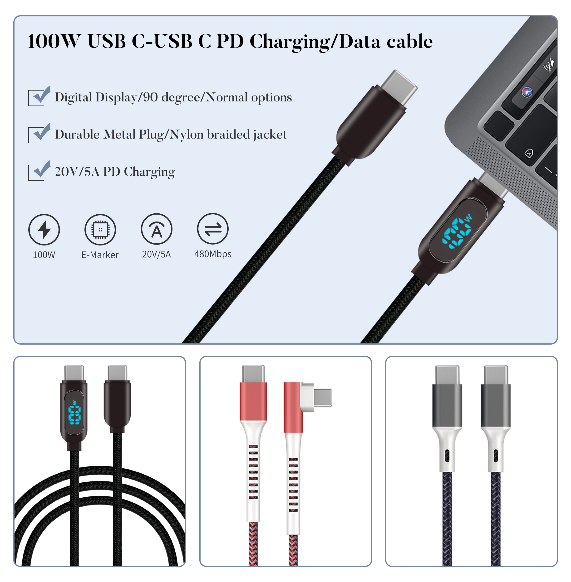 Cavo USB C digitale tipo C Kabel da 5A a ricarica rapida in nylon da 100 W per iPhone 15 Pro Max MacBook Air/Pro iPad Air/Mini Galaxy S22/S23_voghion.com