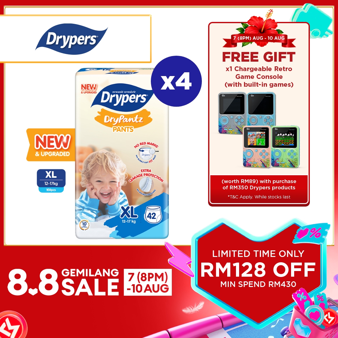 [UPGRADED] Drypers DryPantz Baby Diapers M58/ L48 / XL42 / XXL36 (4 Packs) - Bubble Soft Fit Waist Baby Pants