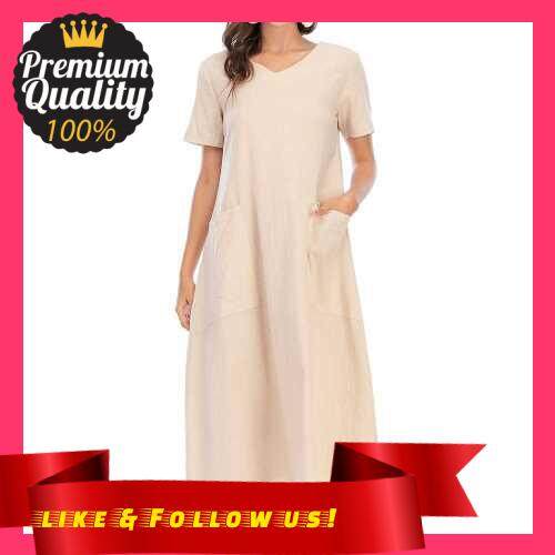 People's Choice Women Plus Size Loose Dress V Neck Short Sleeves Pockets Vintage Holiday Beach Dress S-5XL (Beige)