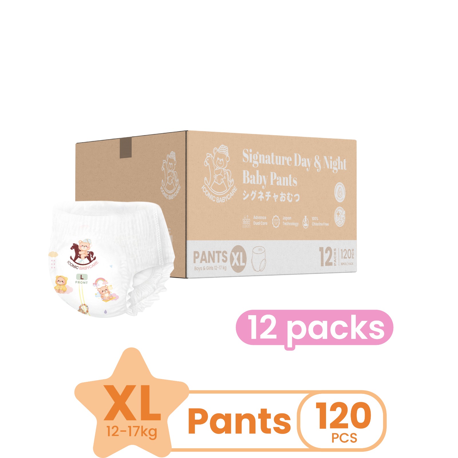 [Bundle of 12] *TRAVEL* Iconic Babycare Signature Day & Night Baby Diaper Pants M168/L144/XL120/XXL96