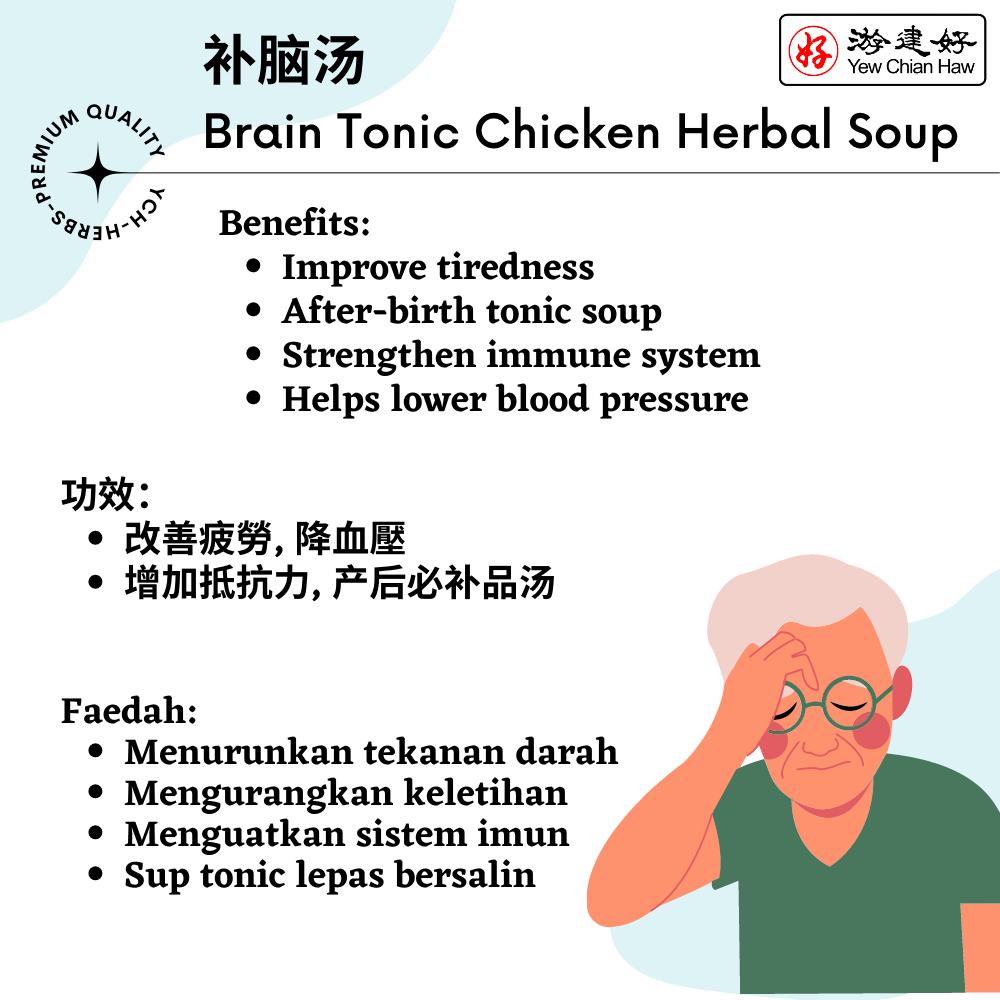 [YCH 游建好 Herbs] 补脑汤 (片裝) Brain Tonic Chicken Herbal Soup (Slice) 保護心臟 血管系統 失眠 頭痛 頭暈 70g (1.5 years shelf life) herbs pack