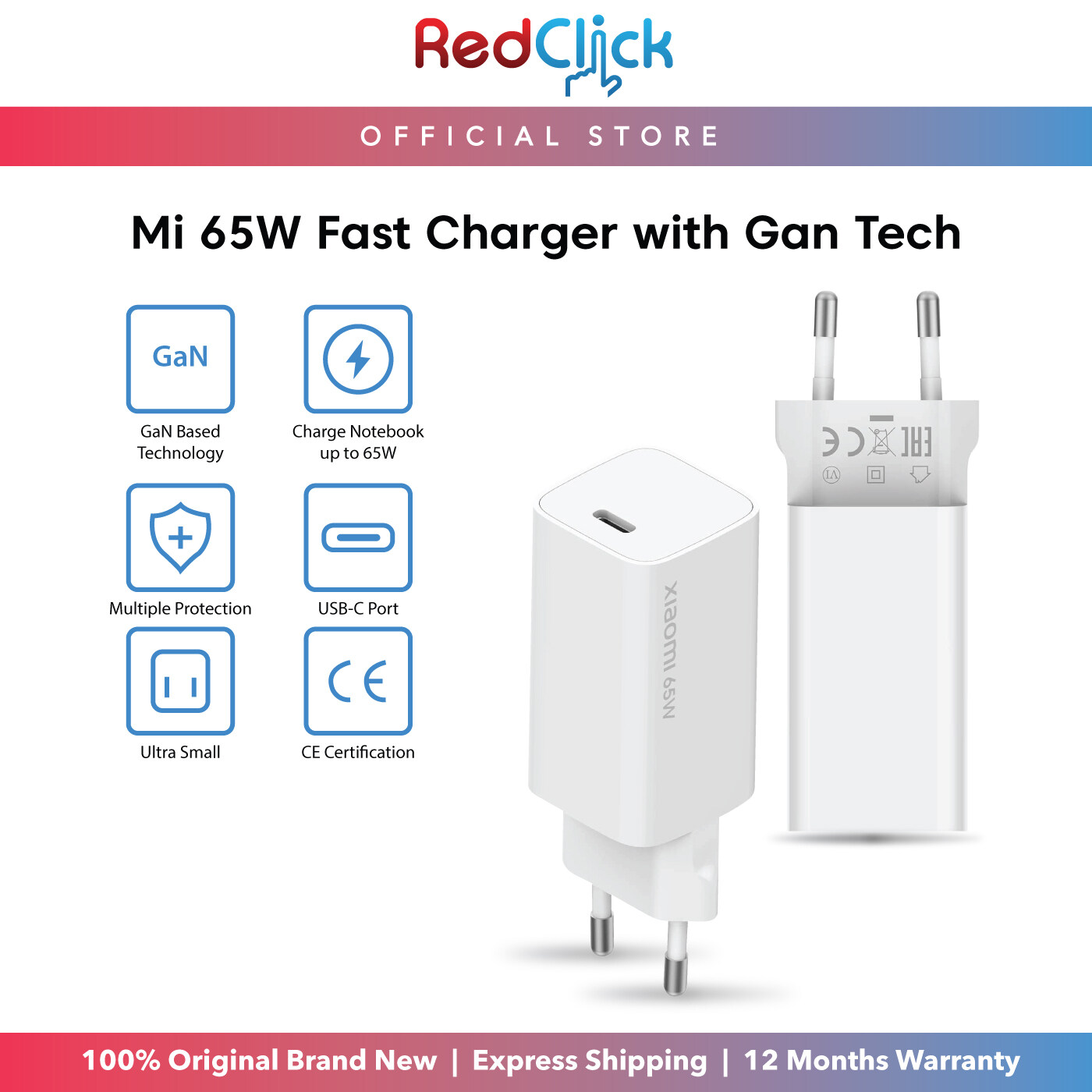 Xiaomi Mi 65W Fast Charger (AD65GEU) With GaN Tech Malaysia 2 Pin Travel Adapter Support Notebook Charging Type-C Port (Included Type-C to Type-C Cable)