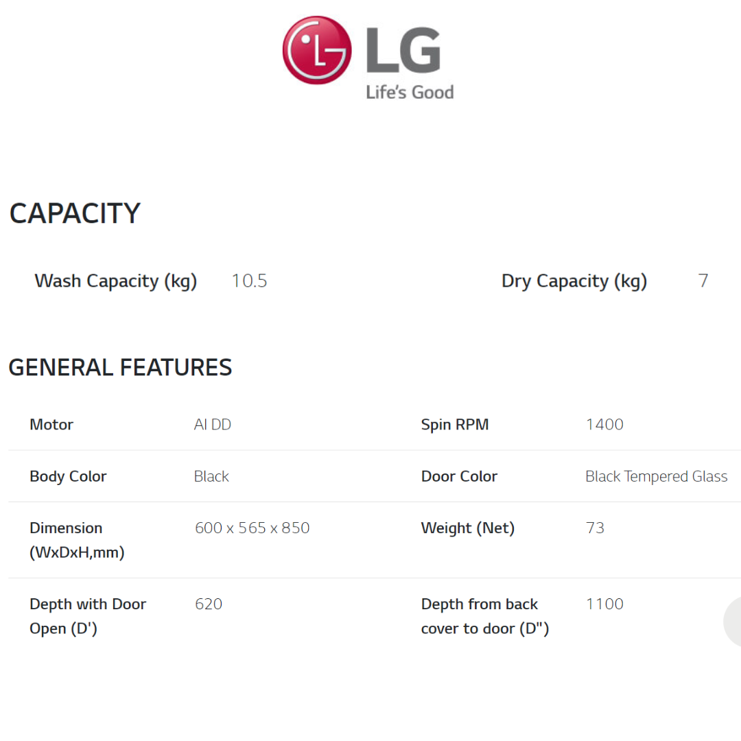 LG 10.5/7kg Front Load Washer Dryer with AI Direct Drive and Steam+ FV1450H2B