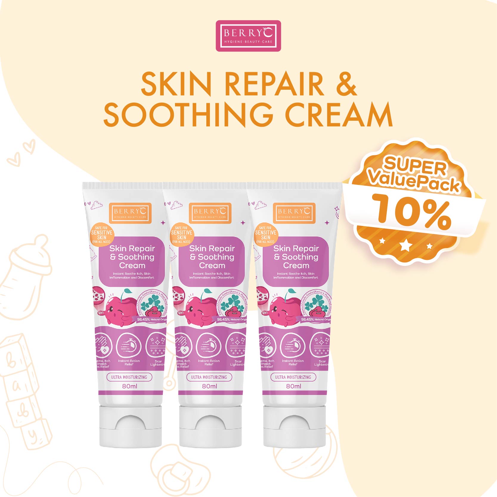 BerryC Skin Repair & Soothing Cream (80ml) Baby Kid Eczema Cream Lotion Itch Insect Bite Pain Instant Relief Krim Gatal Kulit Ekzema Ubat Nyamuk 濕疹舒缓膏