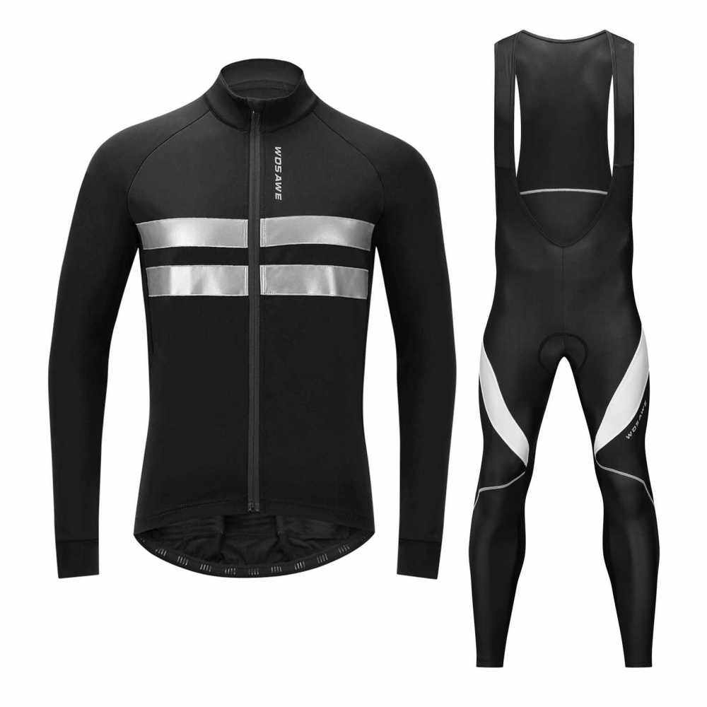 Men Cycling Jersey Set Bike Clothing Long Sleeve Thermal Fleece Winter Bike Jacket and 3D Padded Bib Pants Tights (White)
