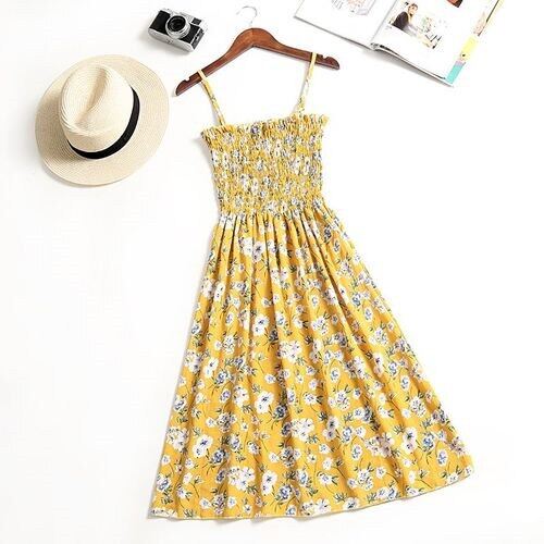 Women Summer Floral Dress Femail Sleeveless Slim Cotton Spaghetti Strap Print Dress Women Elegant Casual Dresses