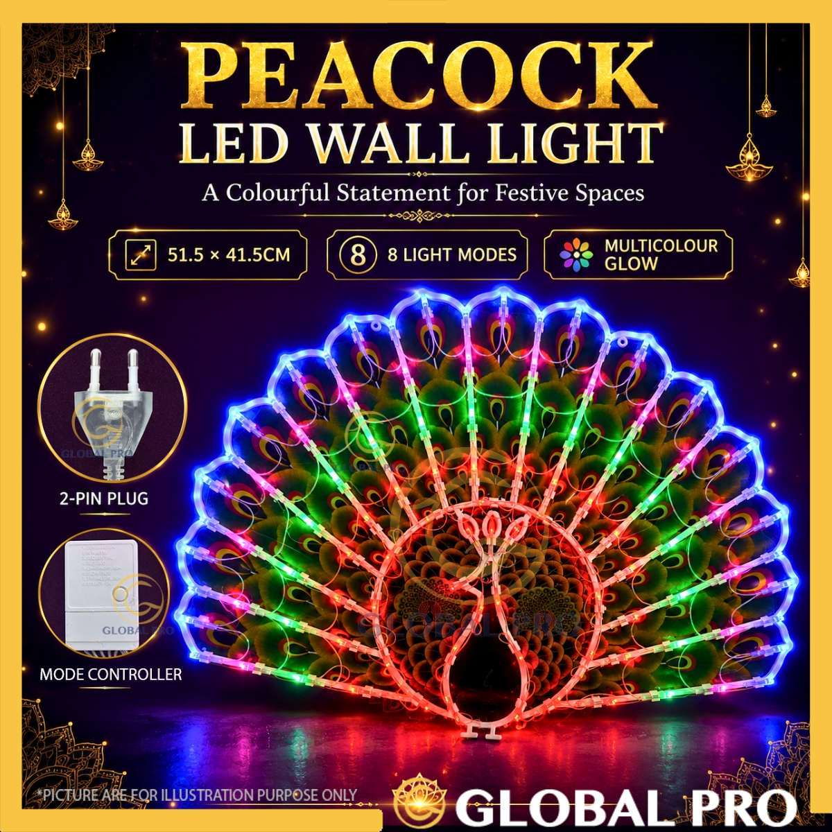 1PC Deepavali Peacock LED Wall Light RGB Multicolour 8 Mode Diwali Festive Display Lampu Lip Lap Hiasan for Indoor Decor