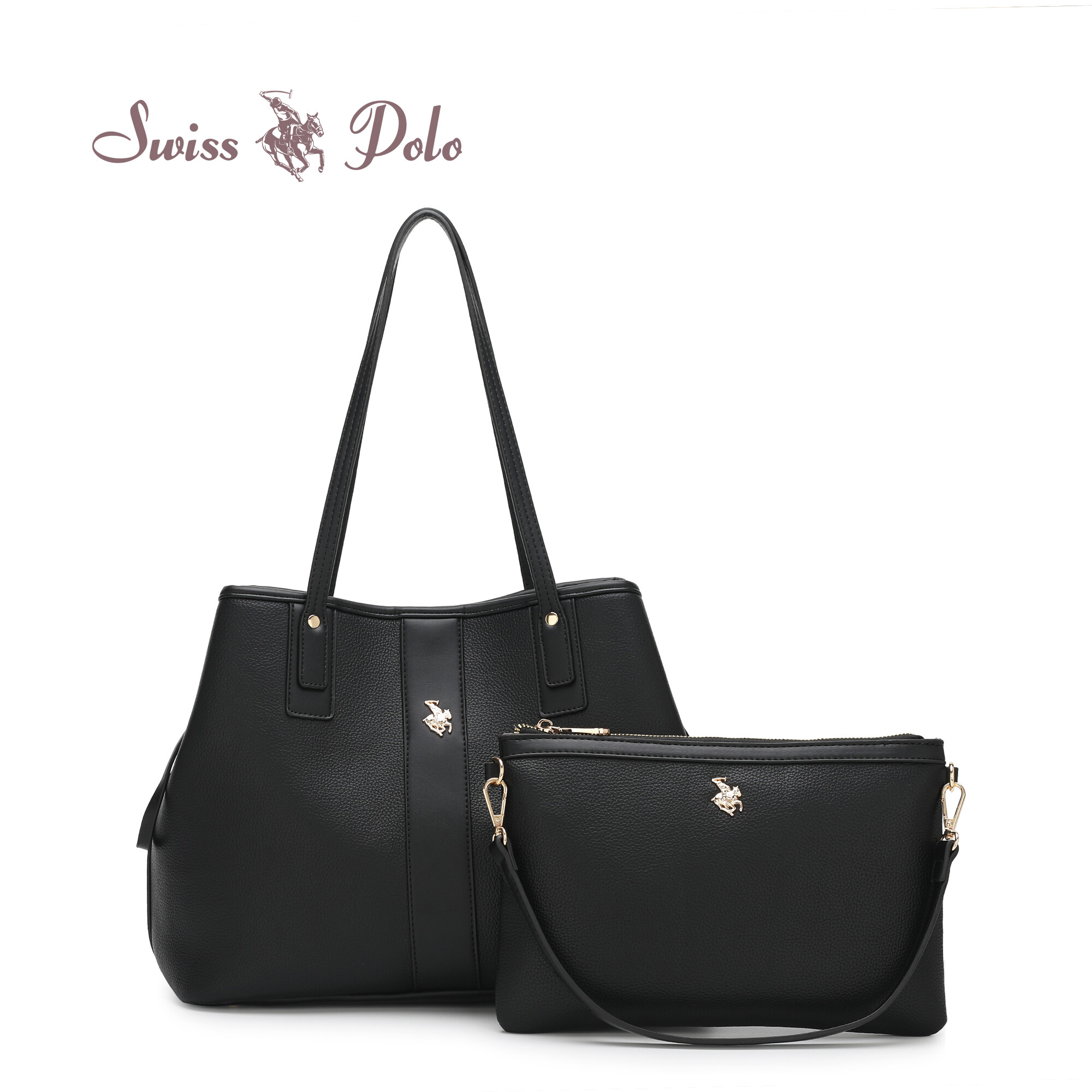 SWISS POLO 2 In 1 Ladies Top Handle Tote Bag With Pouch HFT 7686-1 BLACK