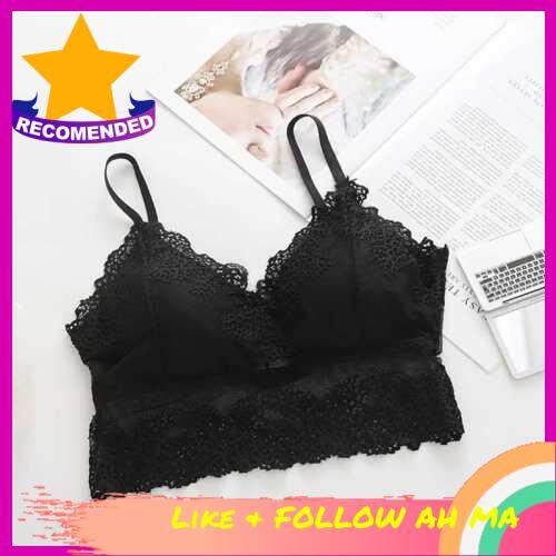 Best Selling Women Wireless Bra Scalloped Lace Mesh Removable Padded Push Up Comfortable Breathable Yoga Bandeau Brassiere (Black)