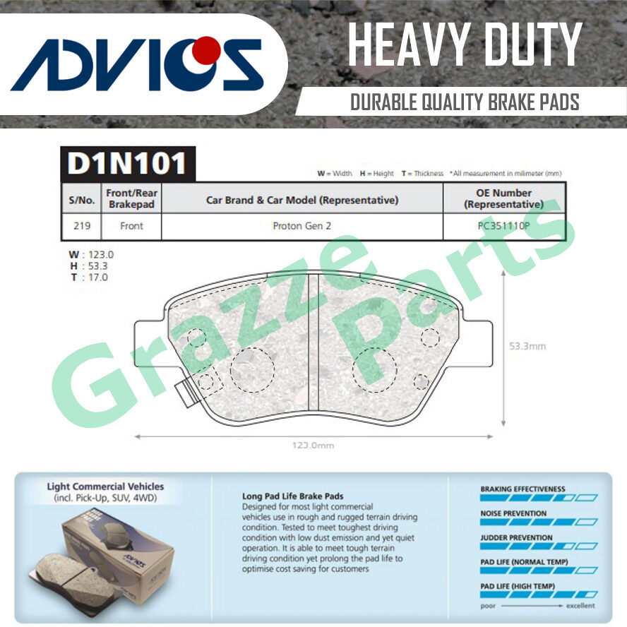 Advics Aisin Heavy Duty Disc Brake Pad Front D1N101Y for Proton Gen2 Gen 2 Persona Satria Neo