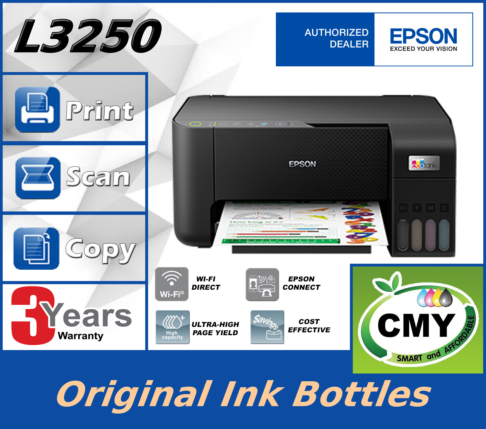 Epson EcoTank L3250 4-In-1 Pint Scan Copy WIFI Refillable Ink Tank Printer AIO Multi-Function Color Printer replace L3150 same as L3156 L3256