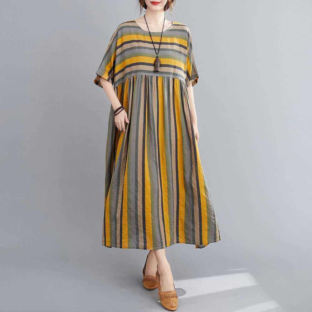 Vintage Women Cotton Linen Dress Striped Print O Neck Half Sleeve Pocket Loose Casual Dress (Yellow)