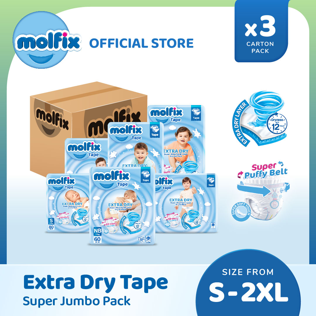 [3 Packs] Molfix Extra Dry Tape Baby Diaper (S80/M60/L58/XL50/XXL40)