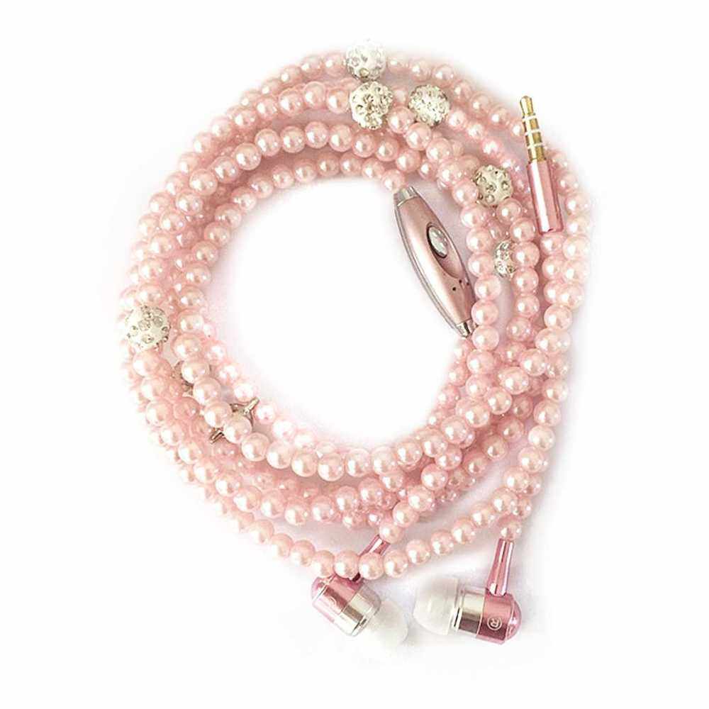 Jewelry Pearl Necklace Stereo Earphones with Microphone 3.5mm In-ear Headphone Wired Headset Earbuds for Phone Girls (Pink)