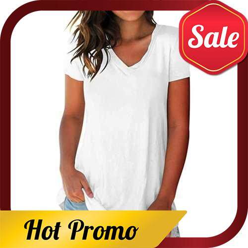 New Fashion Women T-shirt Solid Color V Neck Short Sleeve Rounded Hem Long Casual Party Wear Summer Tops (White)