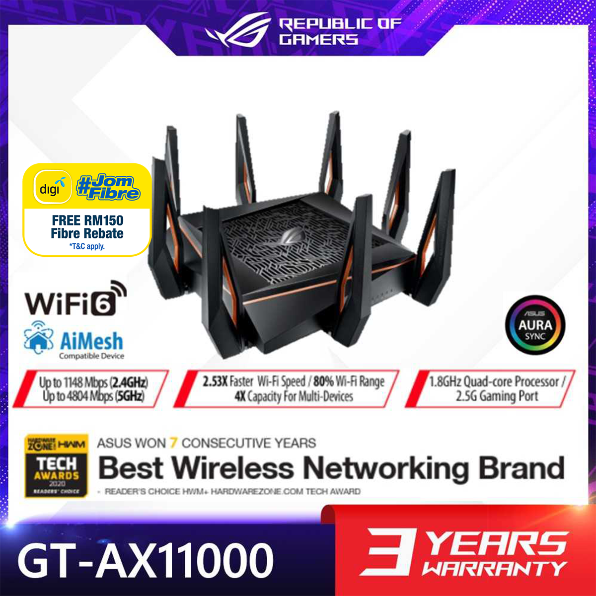 Asus GT-AX11000 ROG Rapture Tri-Band Wireless AX WiFi Router ( AX11000+ROG CAT7 3M)